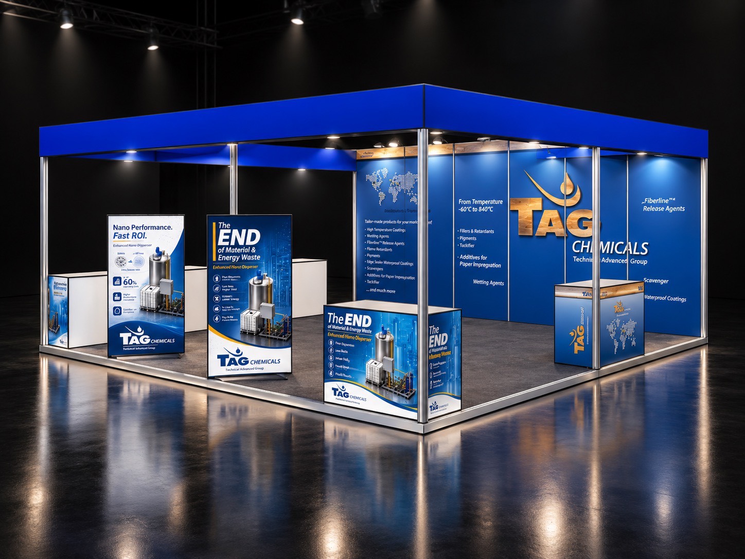 TAG Chemicals booth rendering, front view. Actual booth may differ.